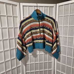 Free people Boho multi color open knit collared cropped sweater Sz XS
